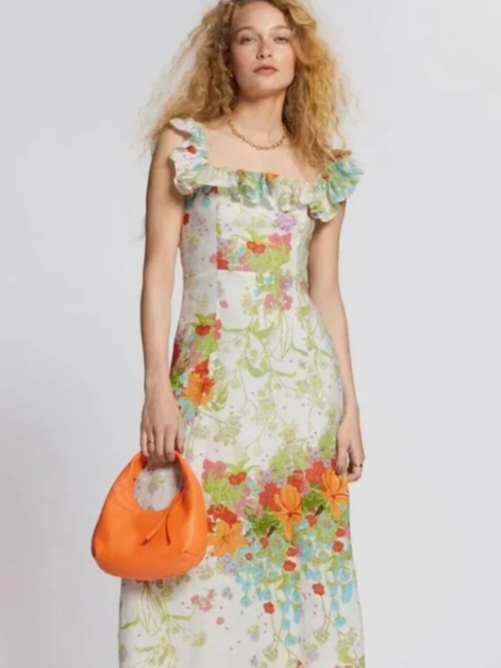 & Other Stories -- Floral Linen Midi Dress Ruffled Neck (EUR 36 / US 6)